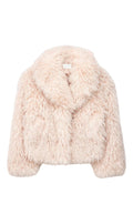 Veste courte pour femme en fausse fourrure rose pâle à poils longs avec col large - Clueless Paris