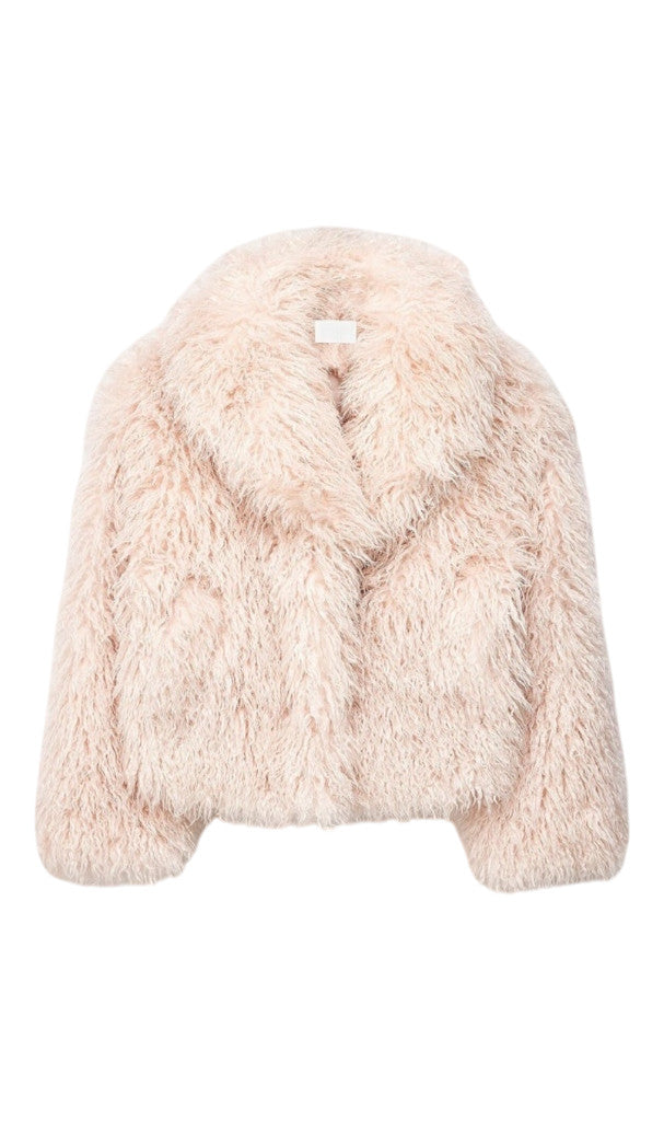 Veste courte pour femme en fausse fourrure rose pâle à poils longs avec col large - Clueless Paris