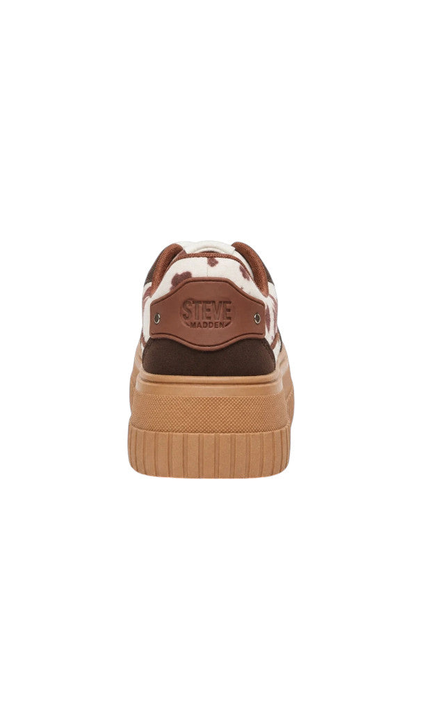 Vue arrière des baskets Clueless Paris à plateforme marron avec motif animalier et semelle crantée épaisse
