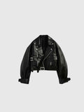 Clueless Paris black cropped leather biker jacket with structured fit, silver hardware, and front pockets.