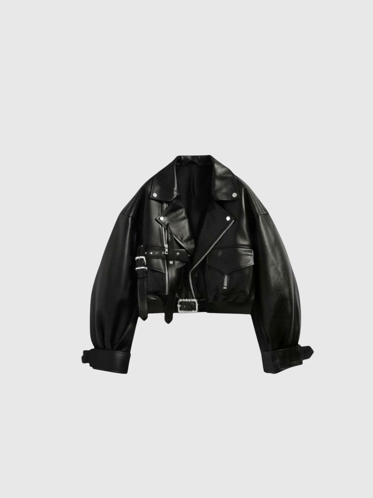 Clueless Paris black cropped leather biker jacket with structured fit, silver hardware, and front pockets.