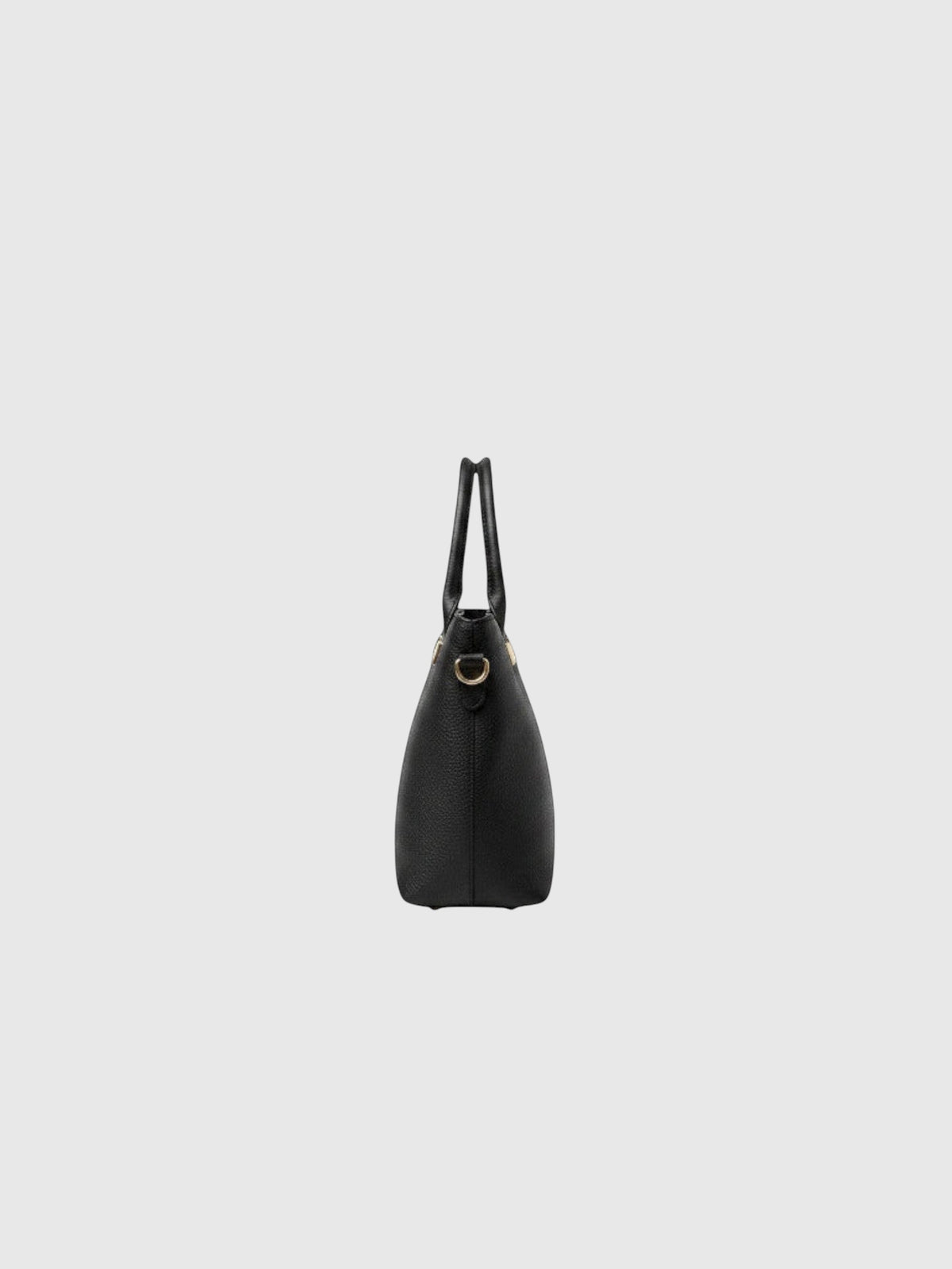 Clueless Paris black grained faux leather handbag with rigid handles and metallic hardware, side view