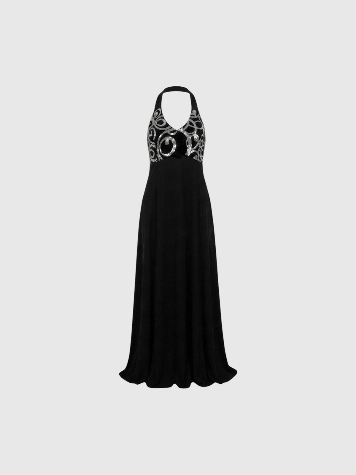 Clueless Paris long black evening gown featuring a fitted bodice with silver baroque patterns and a halter neckline.