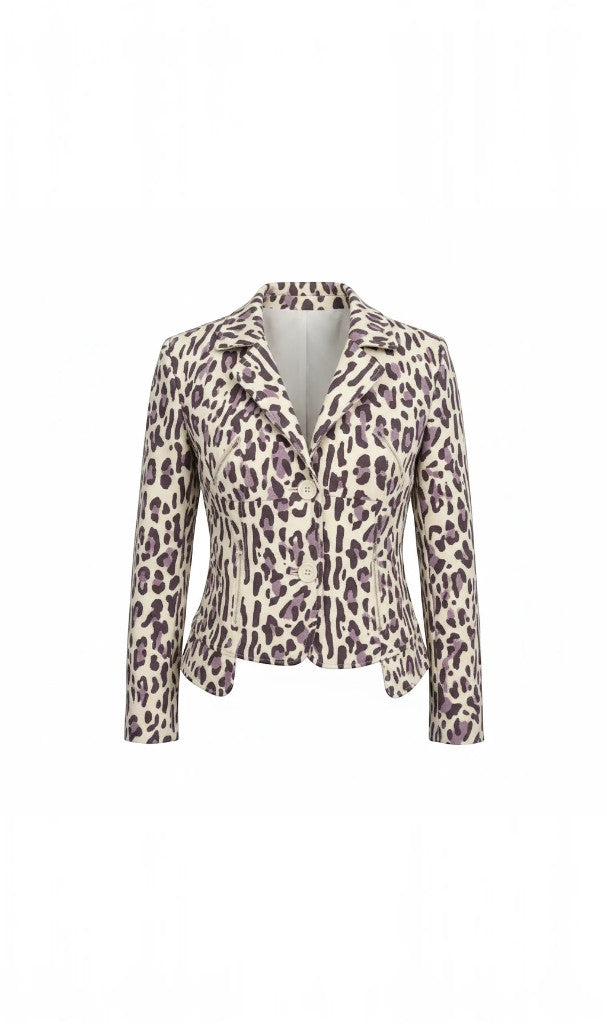Veste blazer ajustée Clueless Paris à motif léopard violet et beige avec col tailleur et fermeture boutonnée