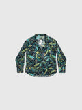 Clueless Paris long-sleeve viscose shirt with a deep green, navy blue, and yellow botanical print and classic collar.