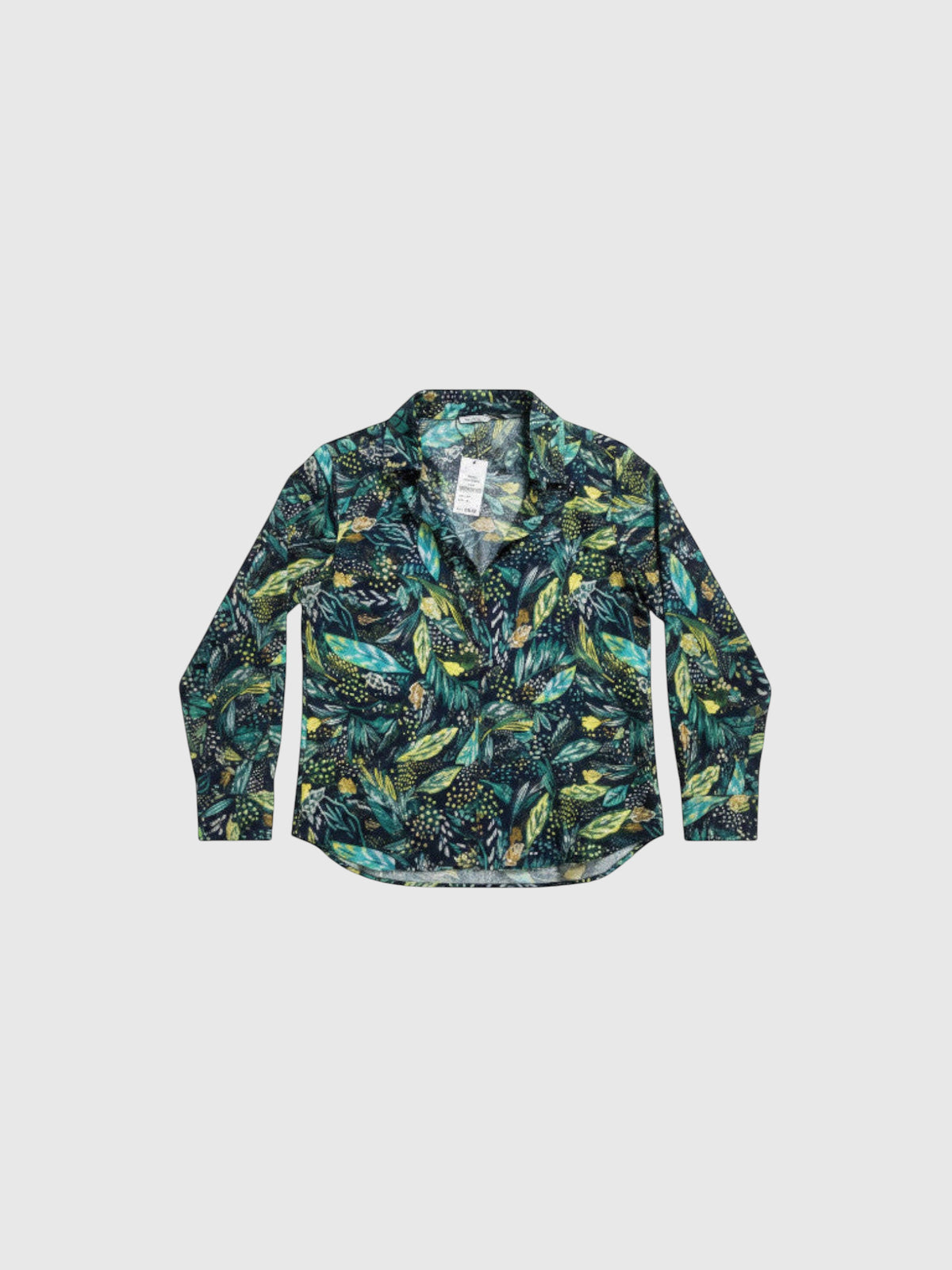 Clueless Paris long-sleeve viscose shirt with a deep green, navy blue, and yellow botanical print and classic collar.