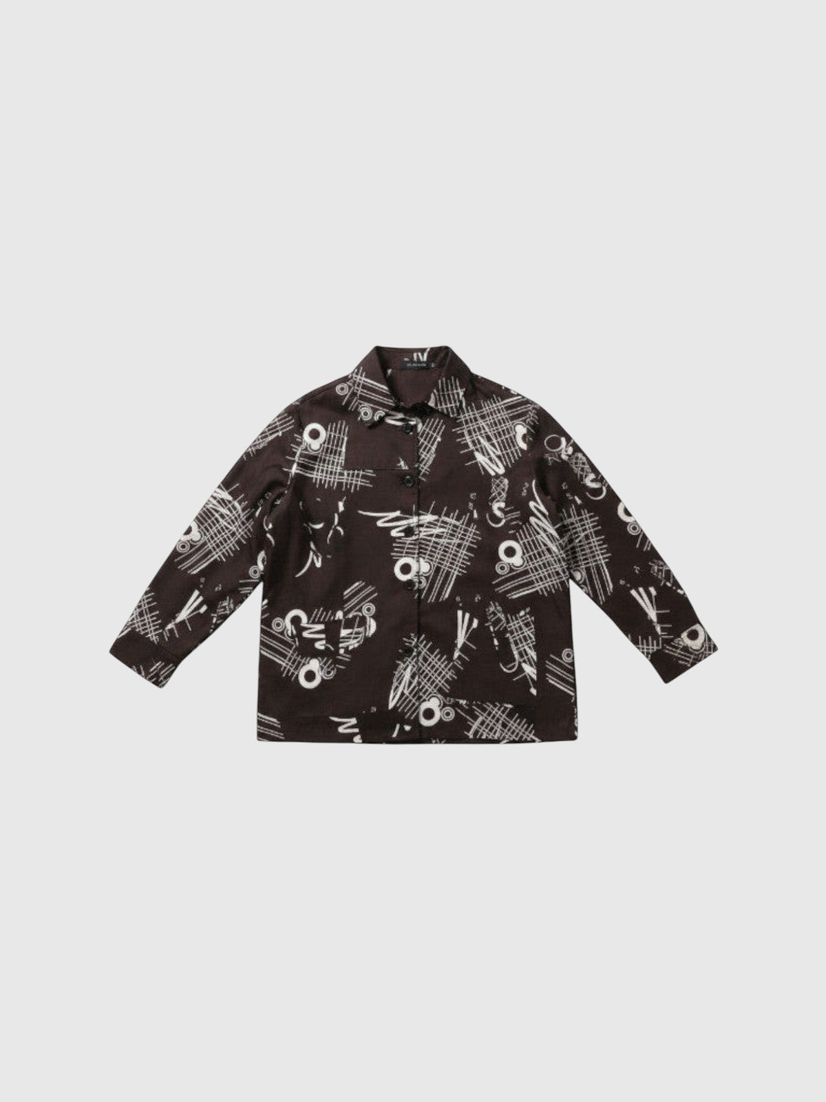 Clueless Paris long-sleeve shirt in deep brown with a white abstract graphic print, classic collar, and button front.