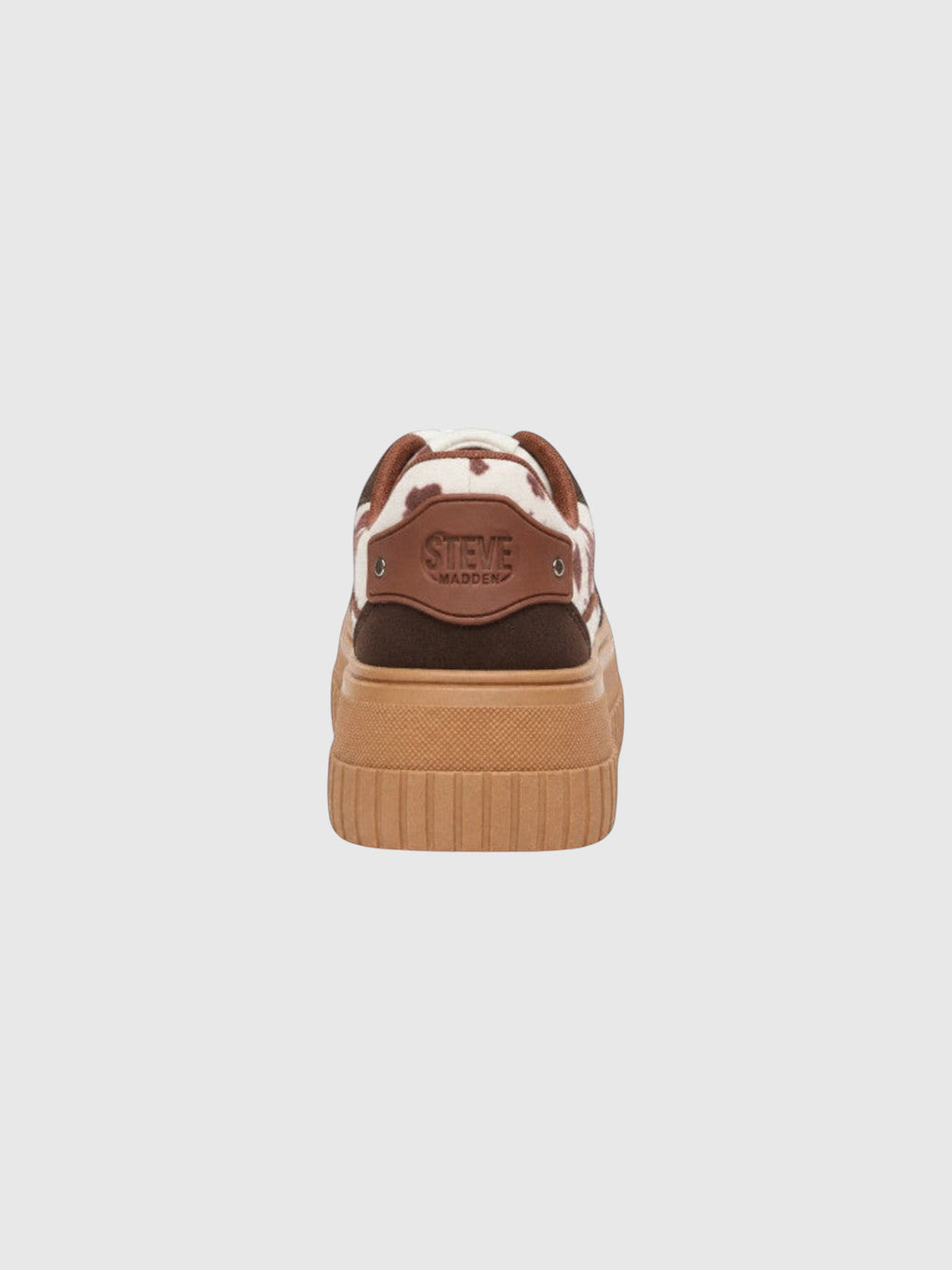 Clueless Paris chocolate brown platform sneakers with textured animal print and thick lugged sole, back view.