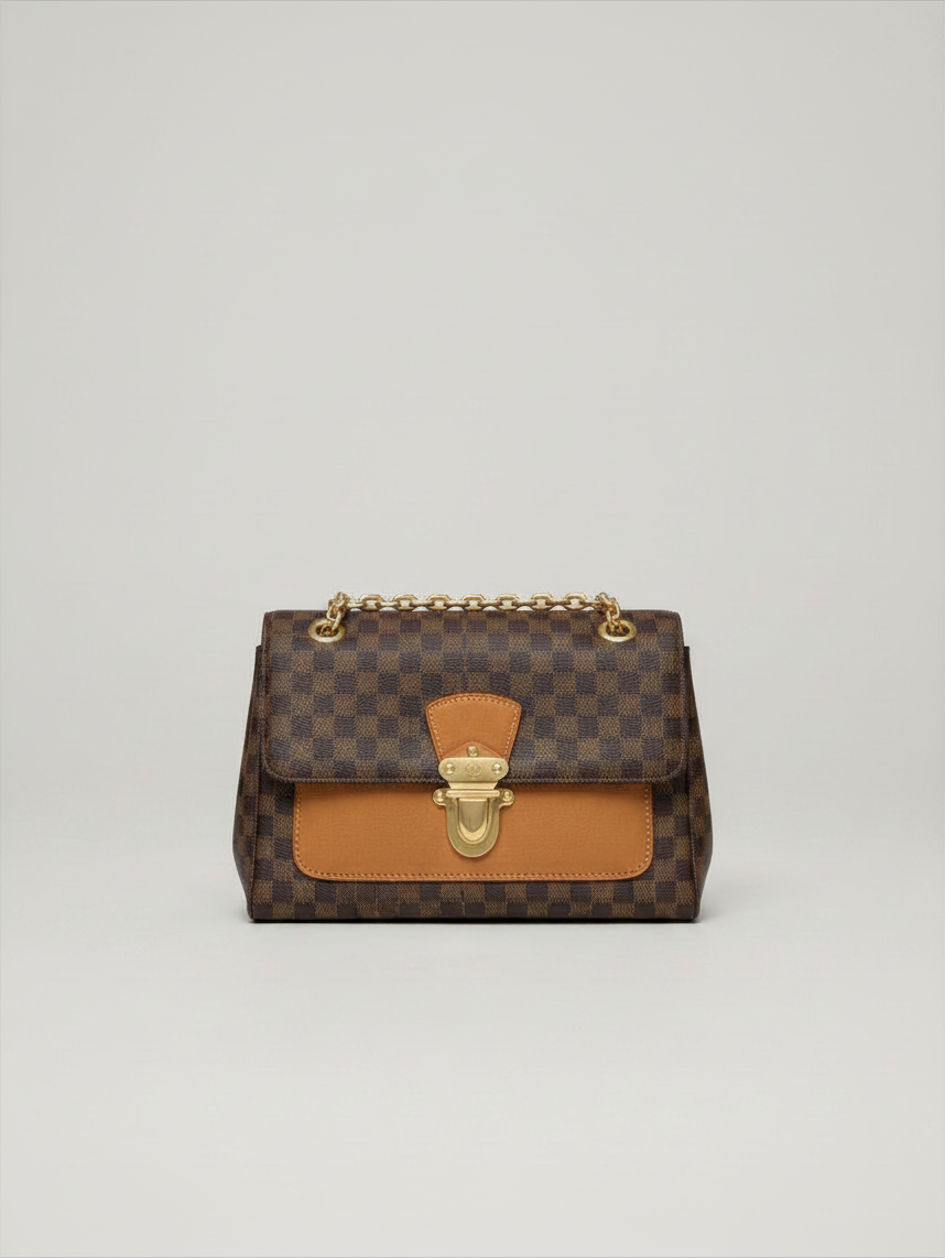 Clueless Paris compact handbag with brown checkered pattern, camel synthetic leather accents, and gold chain strap.