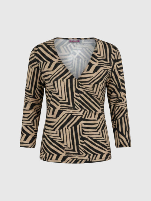 Clueless Paris long sleeve bodysuit in beige and black with a V-neck and bold geometric print in viscose blend
