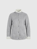 Clueless Paris grey faux suede coat with white faux fur collar and cuffs, featuring a button-down front closure.
