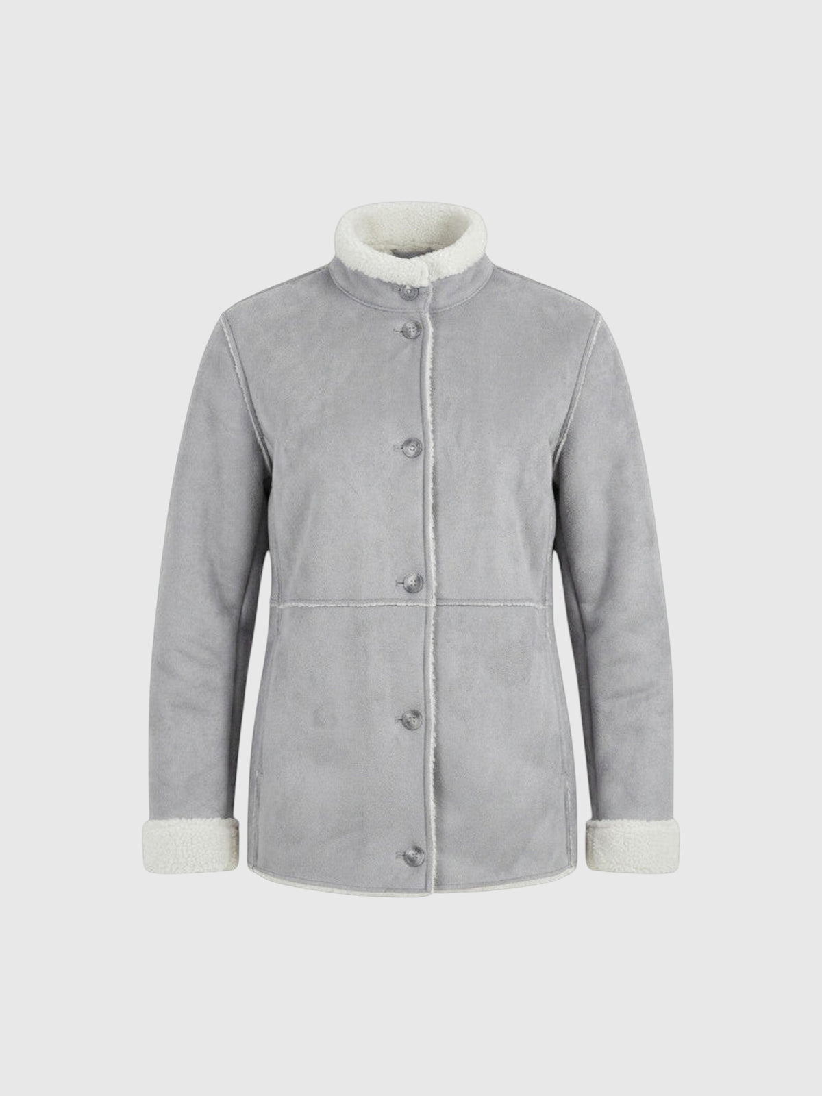 Clueless Paris grey faux suede coat with white faux fur collar and cuffs, featuring a button-down front closure.
