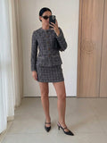 Clueless Paris grey and black textured tweed jacket and mini skirt set with contrasting buttons and structured fit