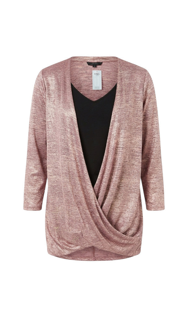 Haut Clueless Paris cache-cœur rose lurex scintillant avec débardeur noir intégré et manches 3/4