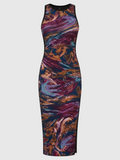 Clueless Paris Lavinia midi sleeveless bodycon dress in purple, blue, and terracotta abstract print with side slit