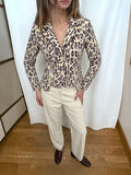 Clueless Paris fitted leopard print blazer in beige and violet with zippered pockets worn by a model