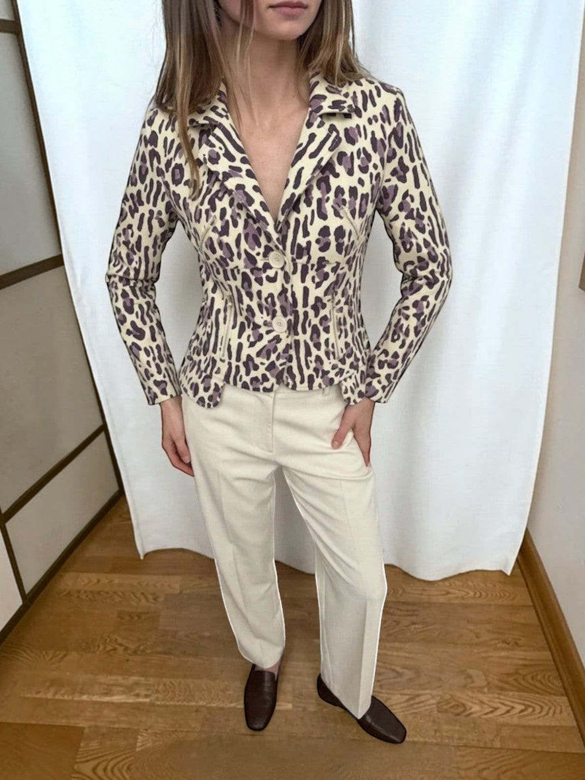 Clueless Paris fitted leopard print blazer in beige and violet with zippered pockets worn by a model