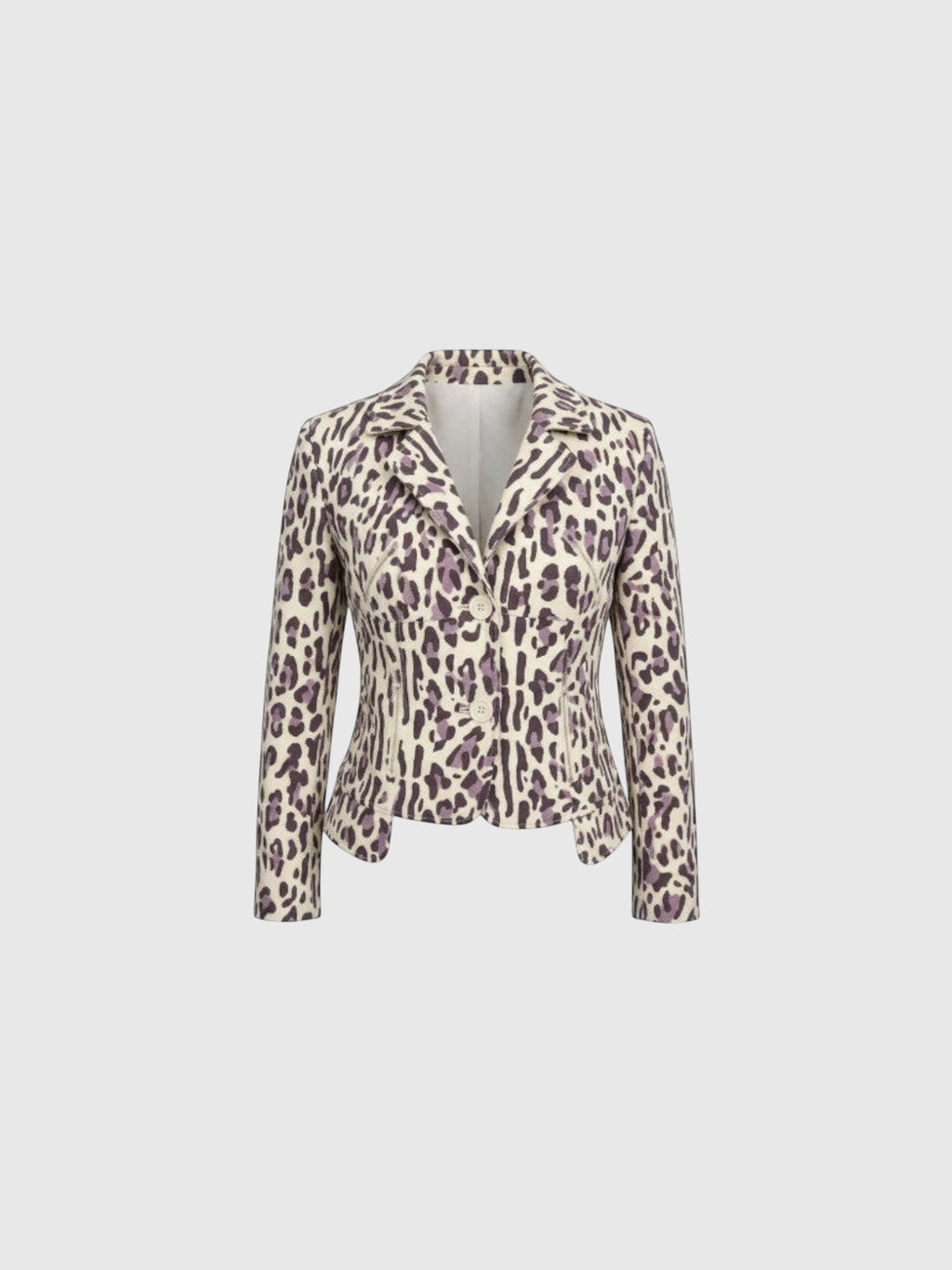 Clueless Paris fitted blazer in beige and violet leopard print with zippered pockets and button closure
