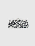 Clueless Paris black and white leopard print evening clutch with a silver retro metal clasp closure.