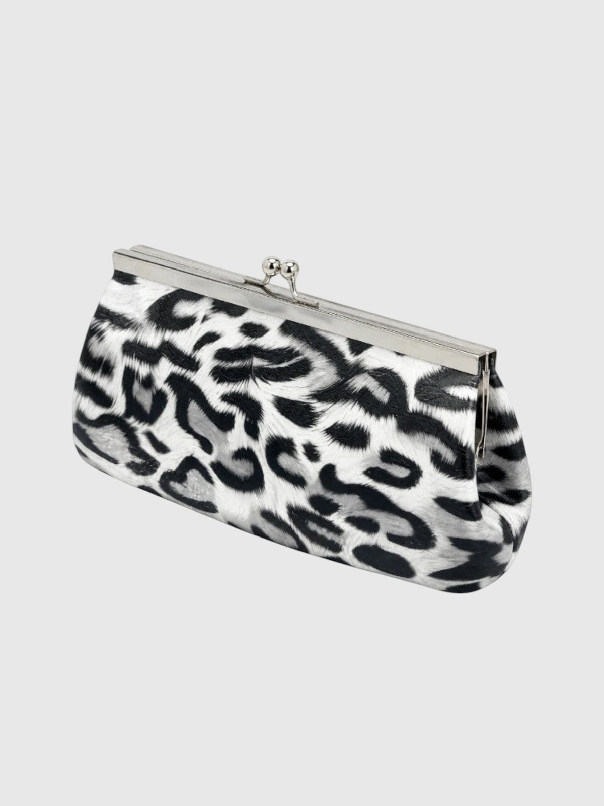 Clueless Paris black and white leopard print evening clutch with a vintage silver metal kiss-lock clasp