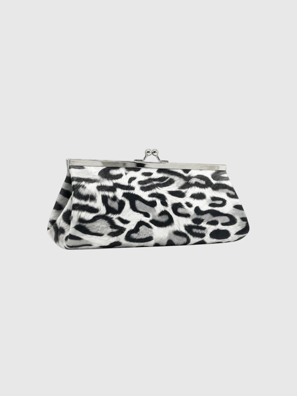 Clueless Paris black and white leopard print evening clutch with a vintage silver metal kiss-lock clasp