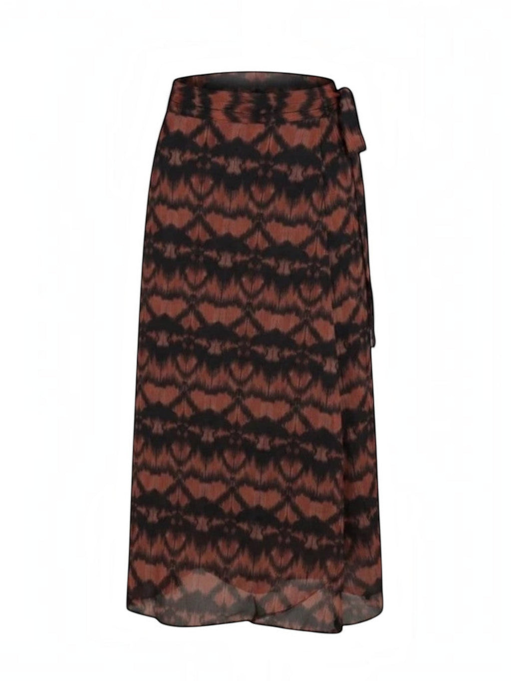 Clueless Paris long wrap skirt in fluid polyester with a brown and black graphic print and side tie closure.