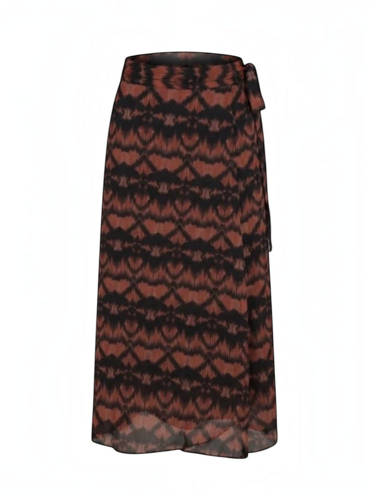 Clueless Paris long wrap skirt in fluid polyester with a brown and black graphic print and side tie closure.