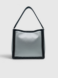 Clueless Paris metallic silver faux leather hobo bag with black trim and silver-tone stud detailing.