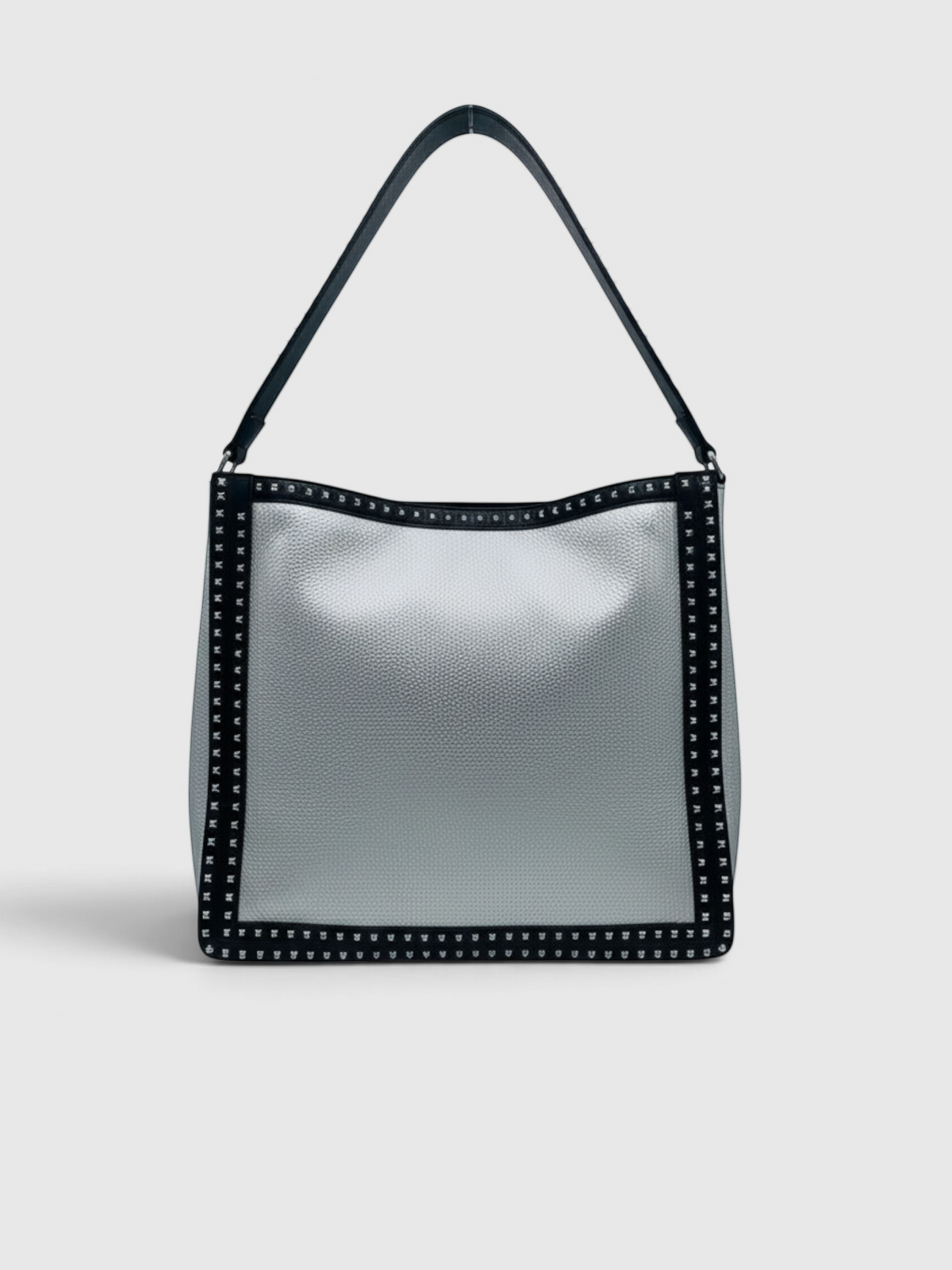Clueless Paris metallic silver faux leather hobo bag with black trim and silver-tone stud detailing.