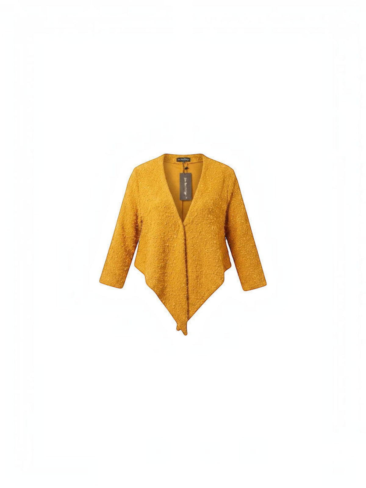 Clueless Paris mustard yellow textured bouclé short jacket with an open front and asymmetrical hemline.