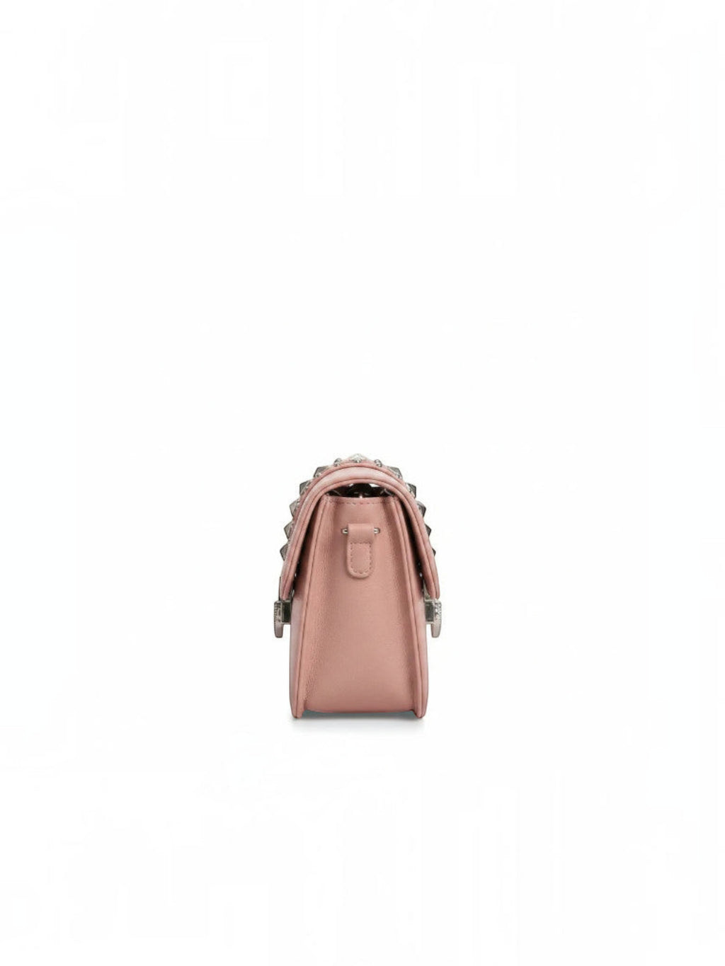 Clueless Paris powder pink crossbody bag with metal stud details and side view showing adjustable strap attachment