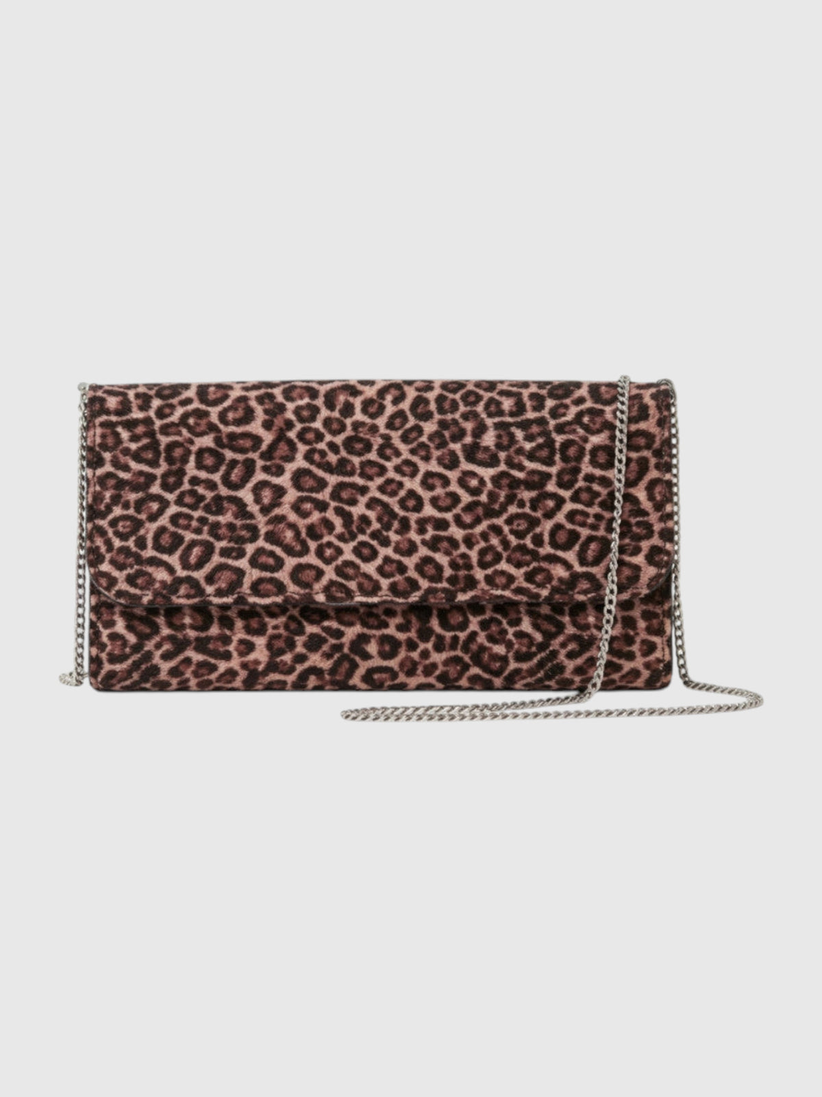 Pochette Clueless Paris rectangulaire à motif léopard avec une bandoulière en chaîne dorée élégante