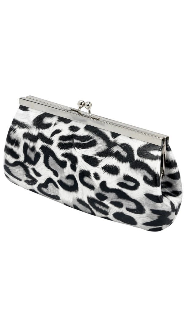 Pochette de soirée Clueless Paris léopard noir et blanc avec fermoir clic-clac argenté rétro