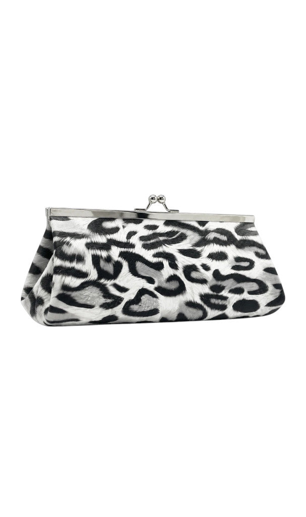 Pochette de soirée Clueless Paris à motif léopard noir et blanc avec fermoir métallique argenté style rétro