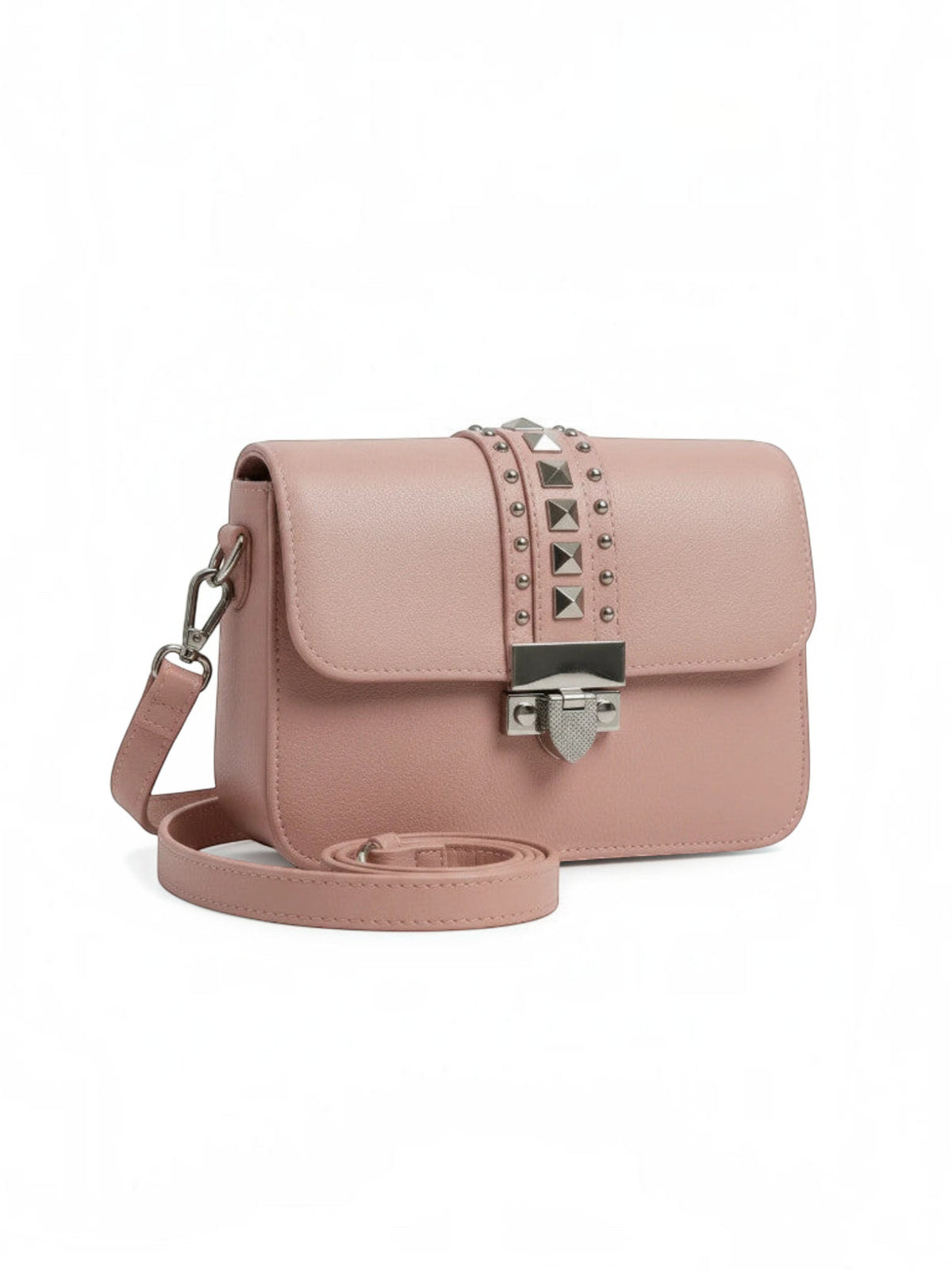 Clueless Paris powder pink crossbody bag with silver stud details, metallic clasp, and an adjustable shoulder strap.