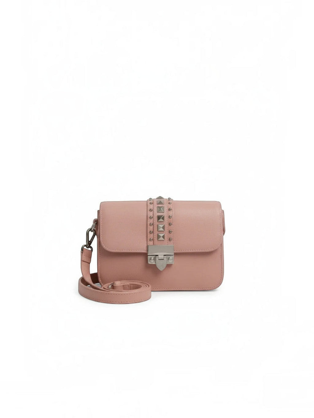 Clueless Paris powder pink crossbody bag with silver stud details, metallic clasp, and an adjustable strap.