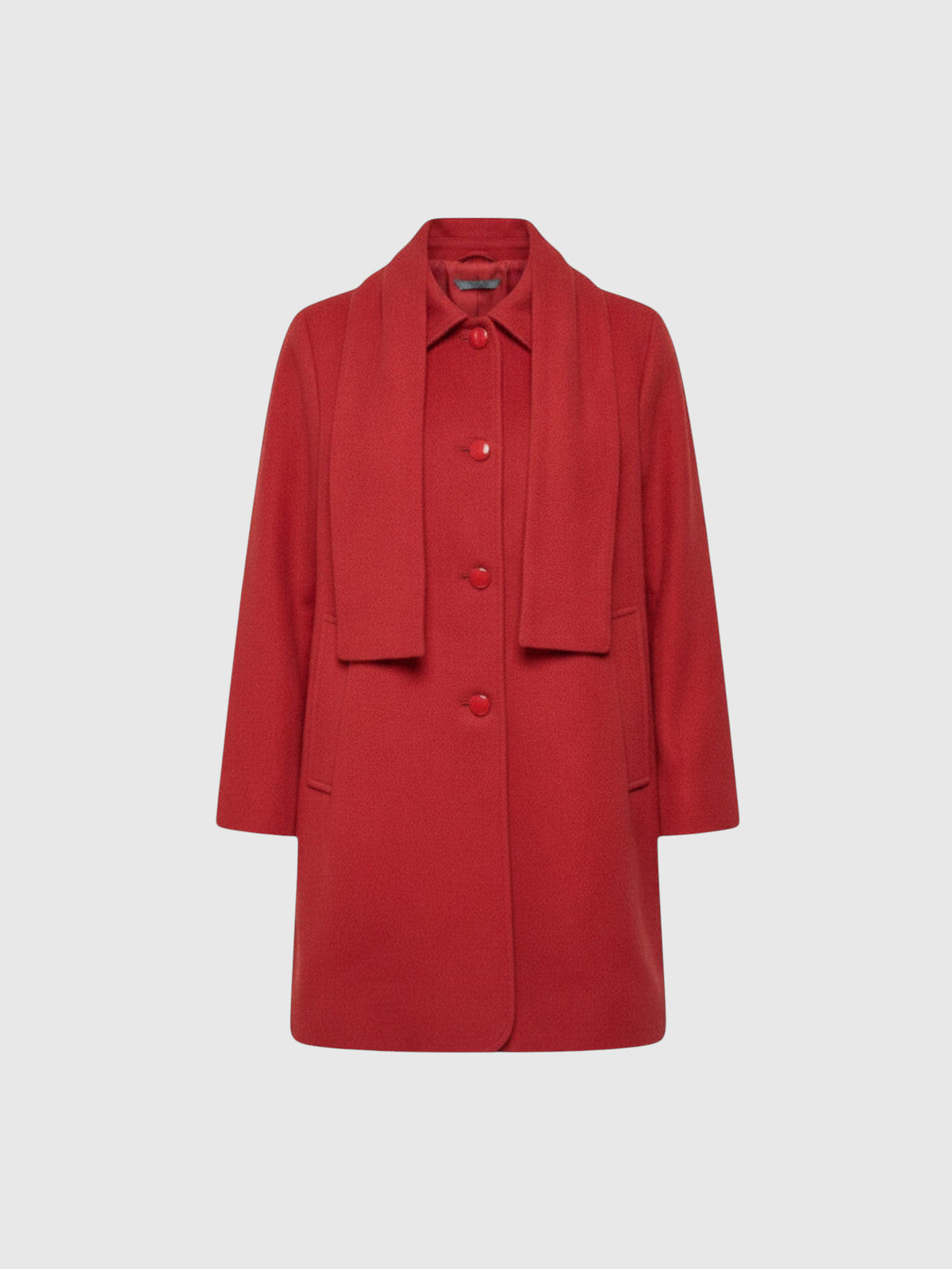 Clueless Paris bright red wool coat with classic collar, button closure, and integrated scarf detail.