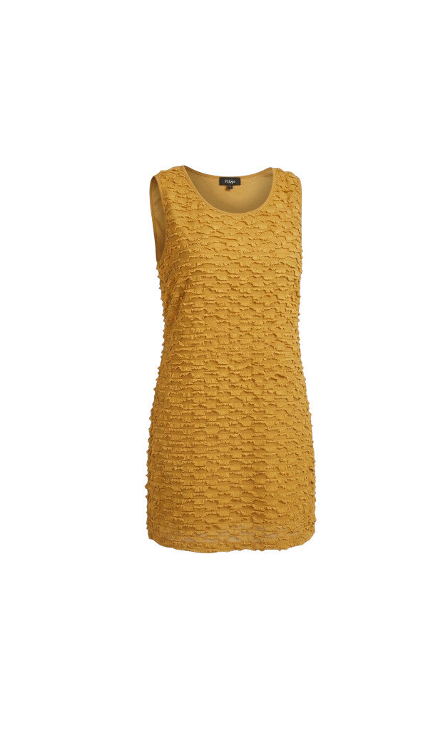 Robe sans manches Clueless Paris Jean Marc Philippe jaune moutarde avec texture à franges et coupe droite fluide