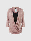Clueless Paris rose lurex draped wrap top with 3/4 sleeves and integrated black V-neck tank top