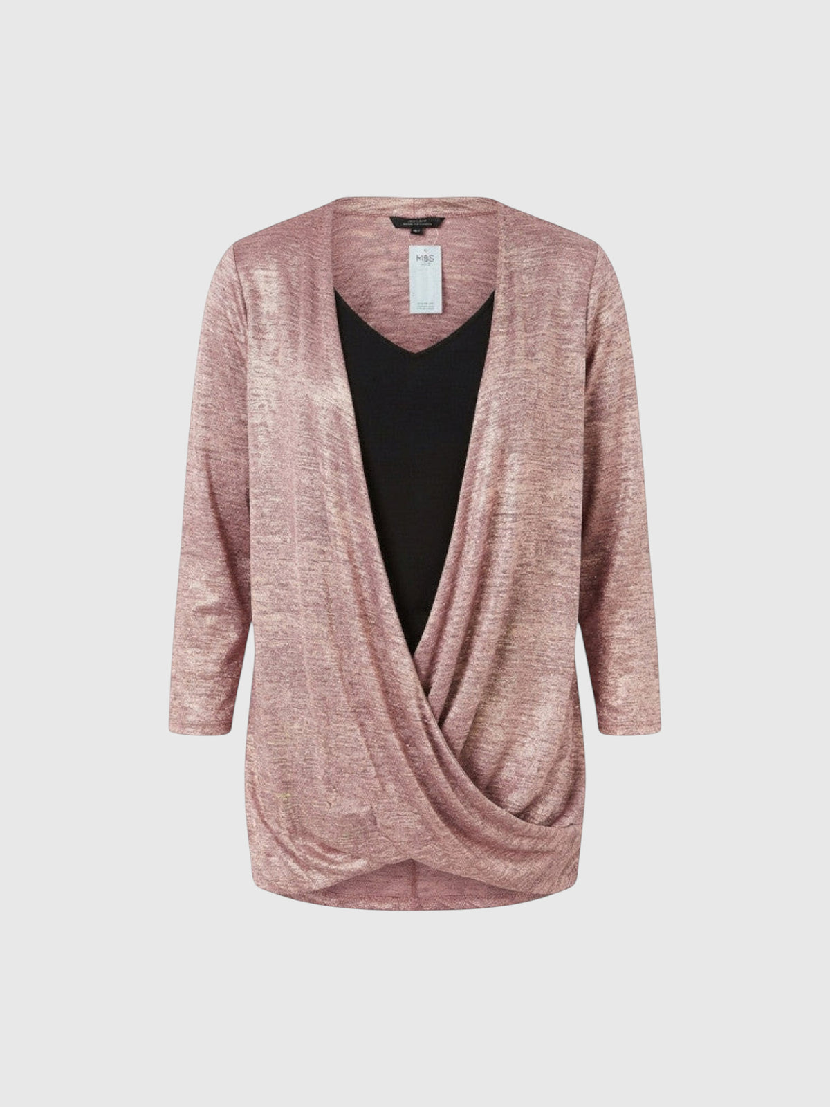 Clueless Paris rose lurex draped wrap top with 3/4 sleeves and integrated black V-neck tank top
