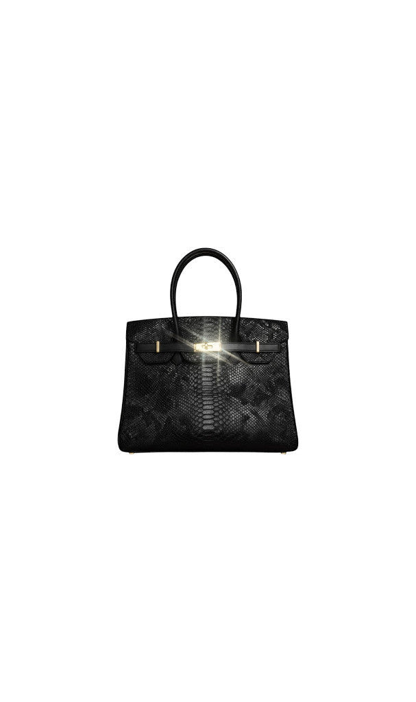Sac à main Clueless Paris noir en cuir texturé façon serpent avec fermoir métallique doré et anses structurées.
