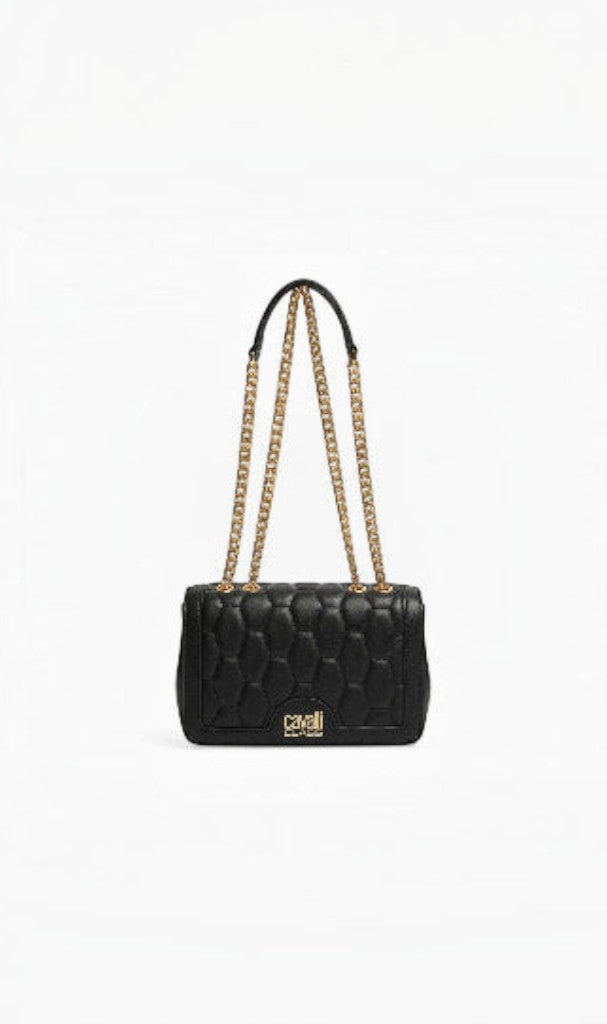 Sac à main noir Clueless Paris en polyuréthane avec détails dorés, logo Cavalli Class et bandoulière chaîne réglable.