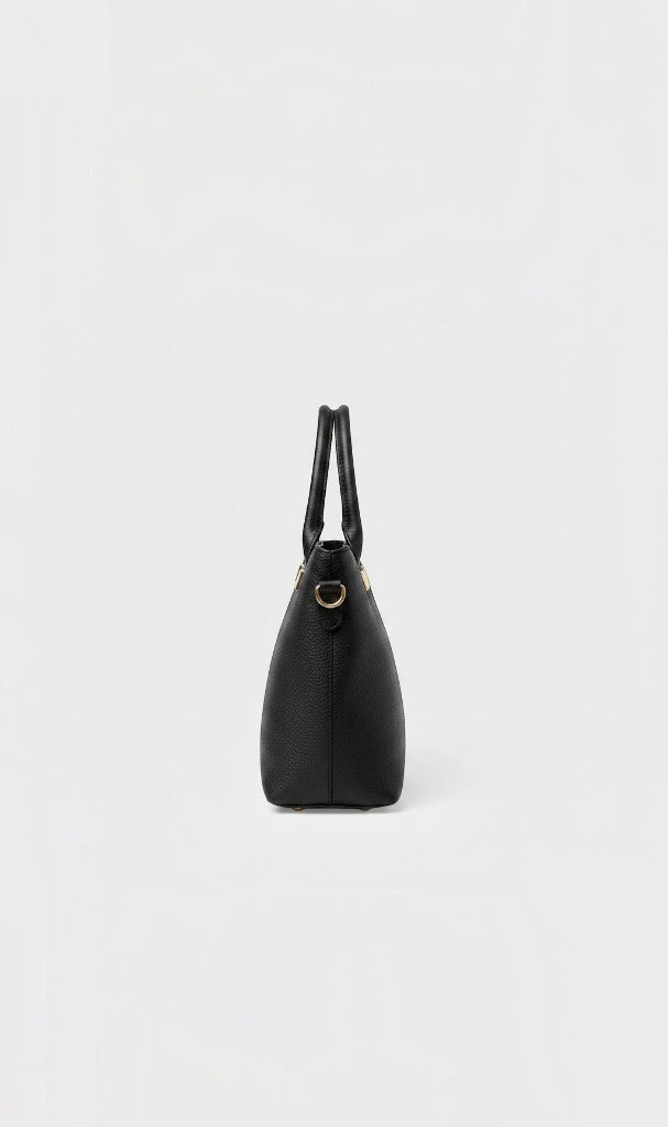 Sac à main Clueless Paris noir en cuir synthétique grainé avec anses et détails métalliques dorés, vue de profil
