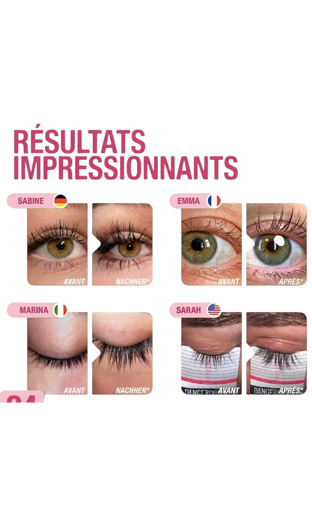 Comparaison avant et après l'utilisation du sérum pour cils Clueless Paris montrant des cils plus longs et fournis.