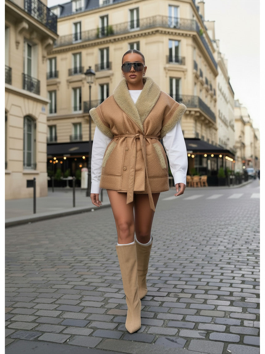 Clueless Paris tan faux shearling sleeveless belted jacket worn by a model with knee-high boots on a city street.