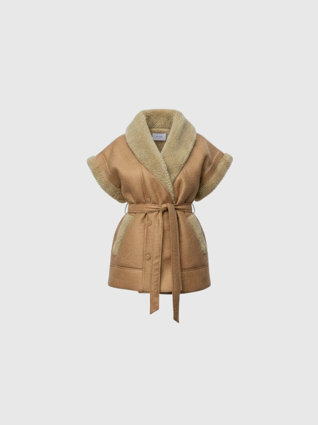 Clueless Paris tan faux suede sleeveless jacket with cream shearling lining, shawl collar, and tie-waist belt.