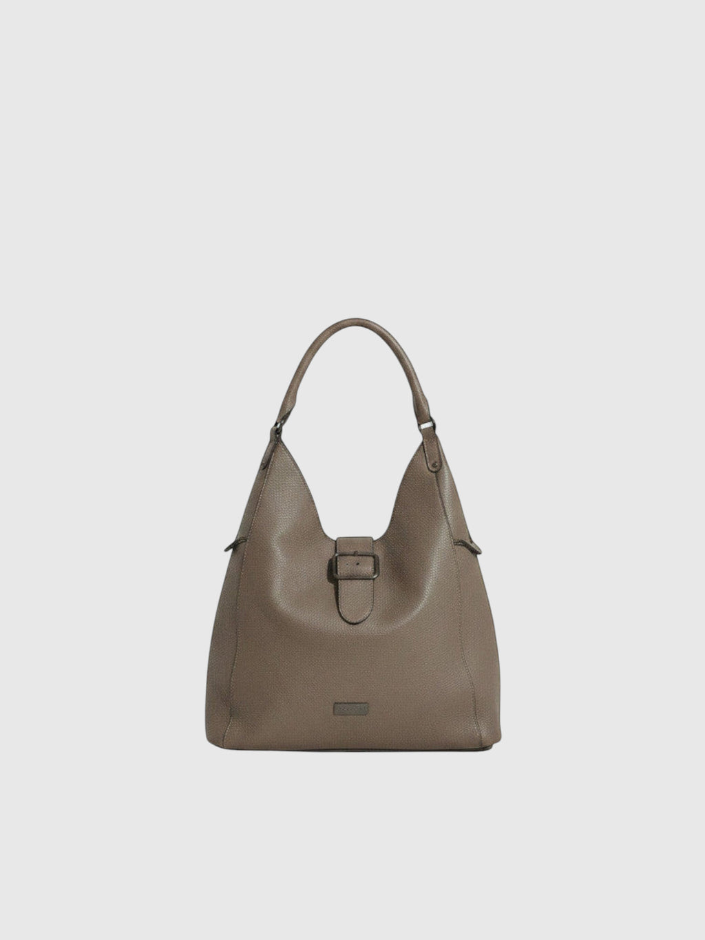 Clueless Paris Georges Rech hobo bag in taupe grained faux leather with a central buckle and single shoulder strap.