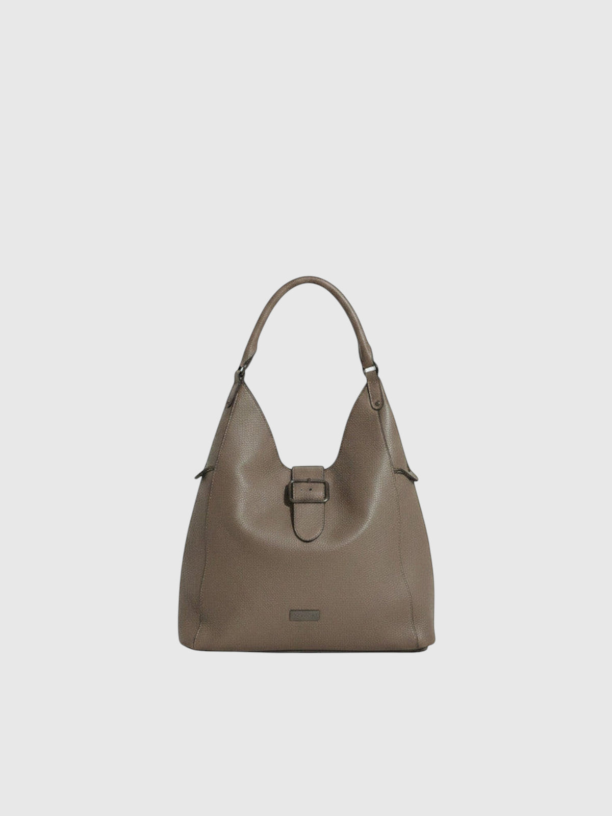 Clueless Paris Georges Rech hobo bag in taupe grained faux leather with a central buckle and single shoulder strap.