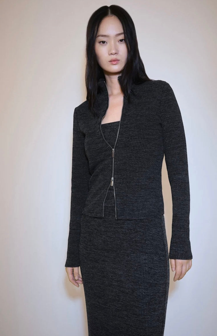 Veste courte zippée MANGO en maille texturée anthracite avec col montant et double zip argenté