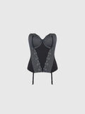 Clueless Paris Midnight Lace vintage black satin bustier with floral lace detailing and attached garter straps